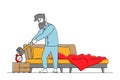 Man Waking Up at Morning with Anger Hitting Alarm Clock with Hammer. Sleepy Male Character in Bad Mood after Getting Up