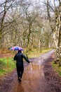 A man walikng through a forest with an umbrella