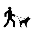 Man Walk with Dog on Leash Black Silhouette Icon. Boy with Domestic Happy Puppy Walking in City Park Glyph Pictogram Royalty Free Stock Photo