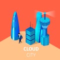 Man Walk at Smart Cloud City Intelligent Buildings