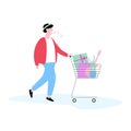 Man walkign with shopping cart. Shopaholic concept