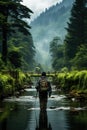 A man walking across a river with a backpack. Generative AI image. Royalty Free Stock Photo