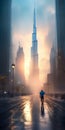 Man Walking Alone on a City Street with Burj Khalifa in Background