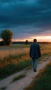 Man walking along a path in a field at sunset Warm light and dramatic clouds over rural landscape Back view of the Royalty Free Stock Photo