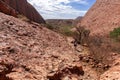 Man walking along a path, touristic walk. Dry landscape, vegetation and rocks. Valley of the Winds, Kata Tjuta - Mount Olga, Royalty Free Stock Photo