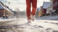 Man walking along the snowy city street on a sunny winter day. Male legs in red pants. Person walking outdoors. Generative AI