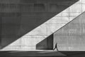 Man walking along a stark concrete wall illuminated by sharp diagonal light Royalty Free Stock Photo