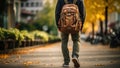 Man Walking on Autumn Street with Backpack