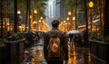 Man Walking With Backpack on Rain-Soaked Street