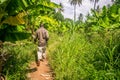 Man walking through banana plantation is East Africa