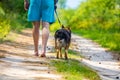 Man walking barefoot with a dog Royalty Free Stock Photo