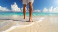 A man walking on the beach with his feet in water, AI Royalty Free Stock Photo