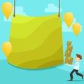 Man Walking Carrying Pile of Boxes and Scattered Yellow Balloons. Blank Color Tarpaulin Hanging in the Center. Creative Royalty Free Stock Photo