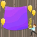 Man Walking Carrying Pile of Boxes and Scattered Yellow Balloons. Blank Color Tarpaulin Hanging in the Center. Creative Royalty Free Stock Photo