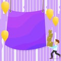 Man Walking Carrying Pile of Boxes and Scattered Yellow Balloons. Blank Color Tarpaulin Hanging in the Center. Creative Royalty Free Stock Photo