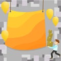 Man Walking Carrying Pile of Boxes and Scattered Yellow Balloons. Blank Color Tarpaulin Hanging in the Center. Creative Royalty Free Stock Photo