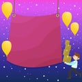 Man Walking Carrying Pile of Boxes and Scattered Yellow Balloons. Blank Color Tarpaulin Hanging in the Center. Creative Royalty Free Stock Photo
