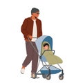 Man Walking With Child in Carriage Isolated on White Background. Dad on Maternity Leave, Single Father Concept Royalty Free Stock Photo