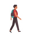 Man walking in the city. Modern young happy cartoon male charecter with backpack and sunglasses walks in park, leisure