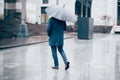 Man walking in the city with umbrella on rainy day Royalty Free Stock Photo