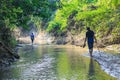 Man walking by the creek in the forest. Hikers hiking in the forest. Hiker walking in a forest beside the mountain river.