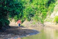 Man walking by the creek in the forest. Hikers hiking in the forest. Hiker walking in a forest beside the mountain river.