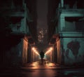 Man walking through dark alley at night