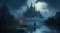 Man Walking By Dark Castle: A Speedpainting With Wizardcore And Romantic Riverscape Elements