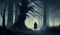 Man walking in dark fantasy horror forest Royalty Free Stock Photo