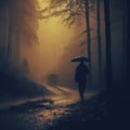 Man walking in dark mysterious forest with fog after rain Royalty Free Stock Photo