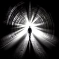The man is walking through a dark tunnel towards the light shining through the end of the tunnel Royalty Free Stock Photo