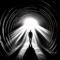 The man is walking through a dark tunnel towards the light shining through the end of the tunnel Royalty Free Stock Photo