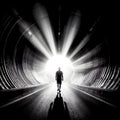 The man is walking through a dark tunnel towards the light shining through the end of the tunnel Royalty Free Stock Photo