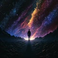 Man walking in a dark valley above the sky with stars, colorful nebulae, cosmos, the universe. Cinematic, dark light. Royalty Free Stock Photo