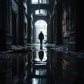 A man walking through a dark, waterlogged path in an abandoned building Royalty Free Stock Photo