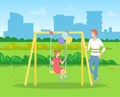 Man walking with daughter, girl swinging on a slide swing at playground. Happy kid holding baloons Royalty Free Stock Photo