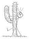 Man Walking in Desert Hit the Big Cactus, Vector Cartoon Stick Figure Illustration