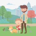 Man walking dog and boy with ball in the park, kids toys