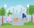 Man walking with dog and boy listening music with headphones in city park Royalty Free Stock Photo