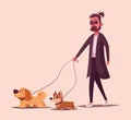 Man is walking with a dog. Cartoon vector illustration. Dog walker