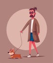 Man is walking with a dog. Cartoon vector illustration. Dog walker