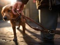 Man Walking a Dog on a Leash in a Suburban Neighborhood. Generative AI. Royalty Free Stock Photo