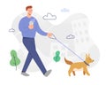 Man walking a dog, listening to music in headphones, drinking coffee in good mood, outdoors activity, male cartoon Royalty Free Stock Photo