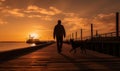 Man Walking Dog Pier Sunset Evening Silhouette Royalty Free Stock Photo