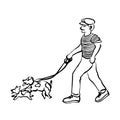 Man walking with dogs leash vector illustration doodle sketch Royalty Free Stock Photo