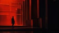 A man walking down a dark hallway in front of an orange light, AI Royalty Free Stock Photo