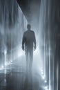 A man walking down a hallway with water flowing in the background, AI