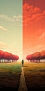 Man Walking Down Path, Sunset Illustration With Narrative Diptych Style