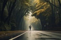 Man walking down road in the middle of forest. Generative AI Royalty Free Stock Photo