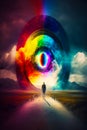 Man walking down road with rainbow colored circle in the middle of it. Generative AI Royalty Free Stock Photo